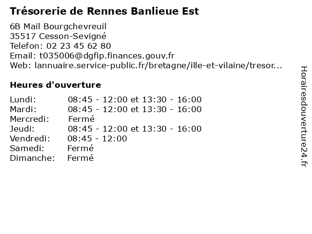 Trésorerie de Rennes Banlieue Est à Cesson-Sevigné: adresse et heures d'ouverture