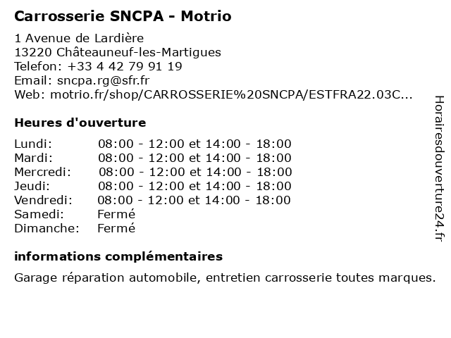 Carrosserie SNCPA - Motrio à Châteauneuf-les-Martigues: adresse et heures d'ouverture