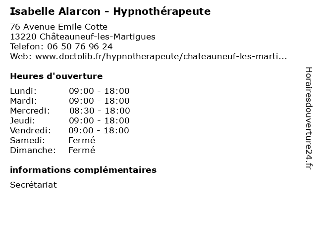 Isabelle Alarcon - Hypnothérapeute à Châteauneuf-les-Martigues: adresse et heures d'ouverture