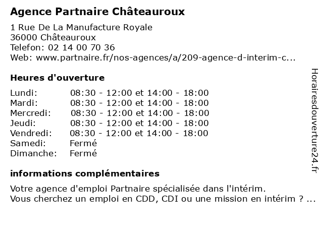 Agence Partnaire Châteauroux à Châteauroux: adresse et heures d'ouverture