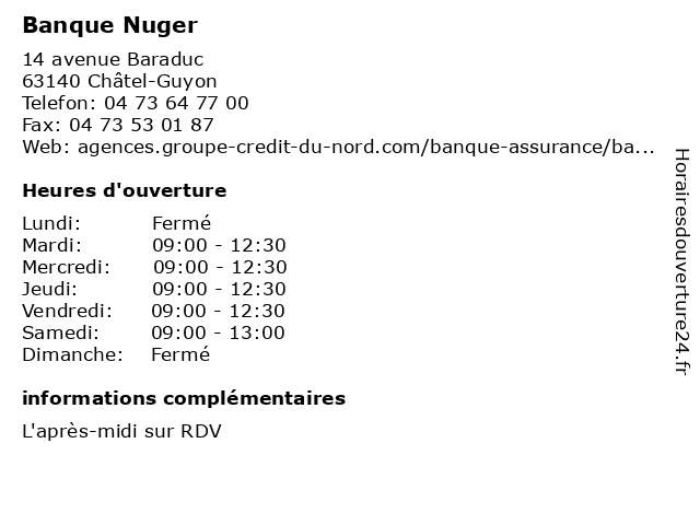 Banque Nuger à Châtel-Guyon: adresse et heures d'ouverture