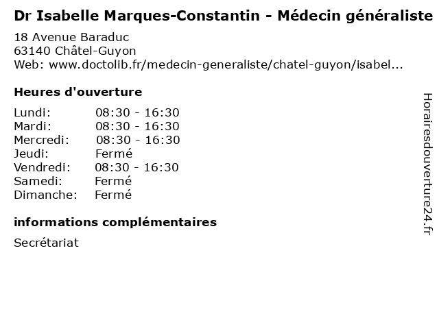 Dr Isabelle Marques-Constantin - Médecin généraliste à Châtel-Guyon: adresse et heures d'ouverture