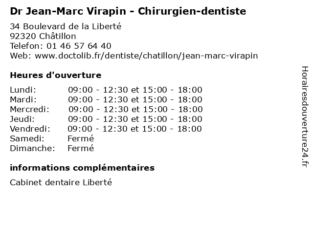 ᐅ Horaires D Ouverture Dr Jean Marc Virapin Chirurgien Dentiste Secretariat 34 Boulevard De La Liberte A Chatillon ᐅ Horaires D Ouverture Dr Jean Marc Virapin Chirurgien Dentiste Secretariat 34 Boulevard De La Liberte A Chatillon