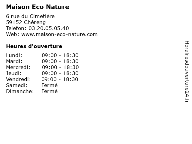 Maison Eco Nature à Chéreng: adresse et heures d'ouverture