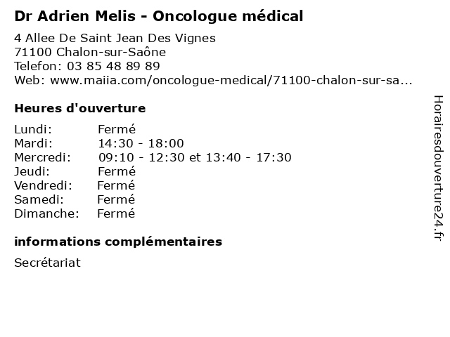 Dr Adrien Melis - Oncologue médical à Chalon-sur-Saône: adresse et heures d'ouverture