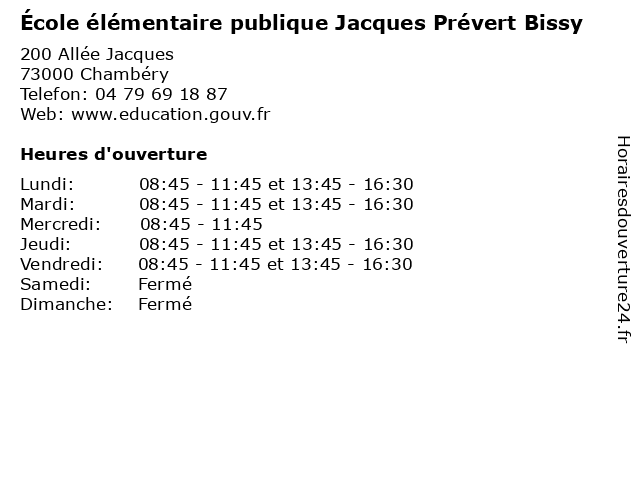 École élémentaire publique Jacques Prévert Bissy à Chambéry: adresse et heures d'ouverture