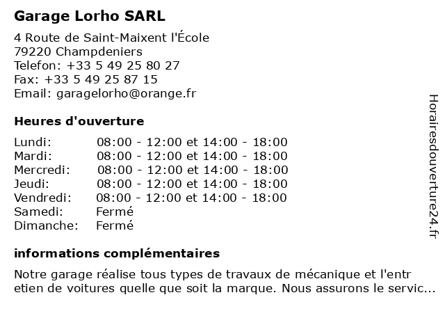 Garage Lorho SARL à Champdeniers: adresse et heures d'ouverture
