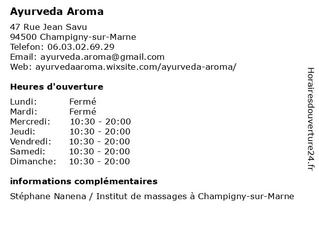 Ayurveda Aroma à Champigny-sur-Marne: adresse et heures d'ouverture