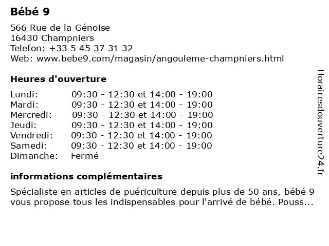 ᐅ Horaires D Ouverture Bebe9 566 Rue De La Genoise A Champniers