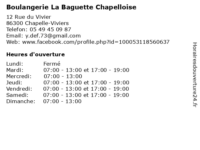 Boulangerie La Baguette Chapelloise à Chapelle-Viviers: adresse et heures d'ouverture