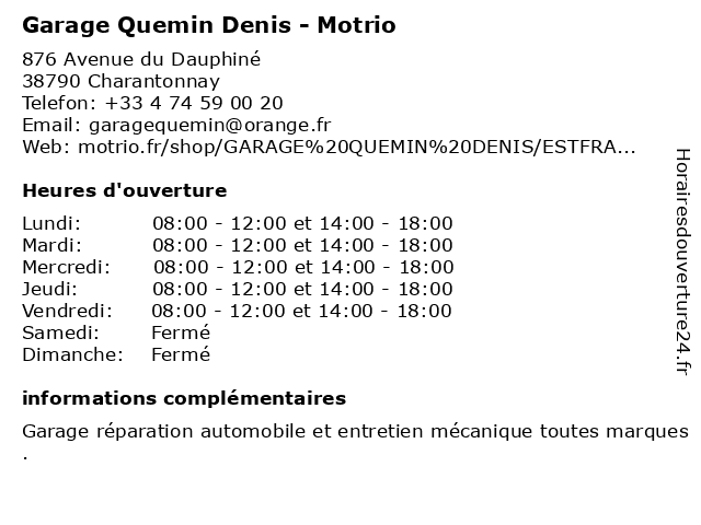 Garage Quemin Denis - Motrio à Charantonnay: adresse et heures d'ouverture