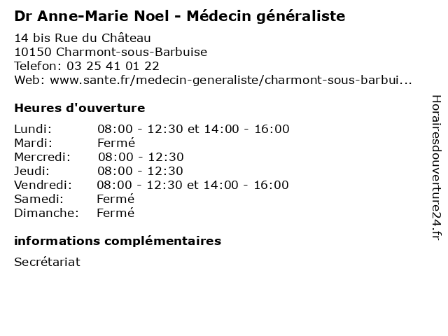 Dr Anne-Marie Noel - Médecin généraliste à Charmont-sous-Barbuise: adresse et heures d'ouverture