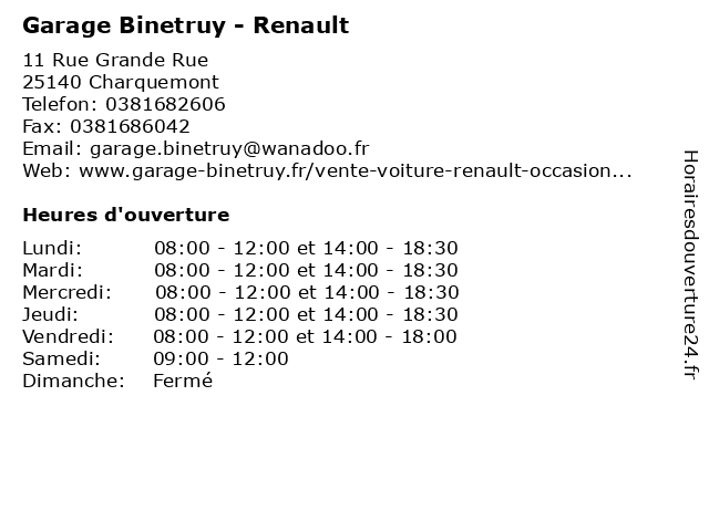 Garage Binetruy - Renault à Charquemont: adresse et heures d'ouverture