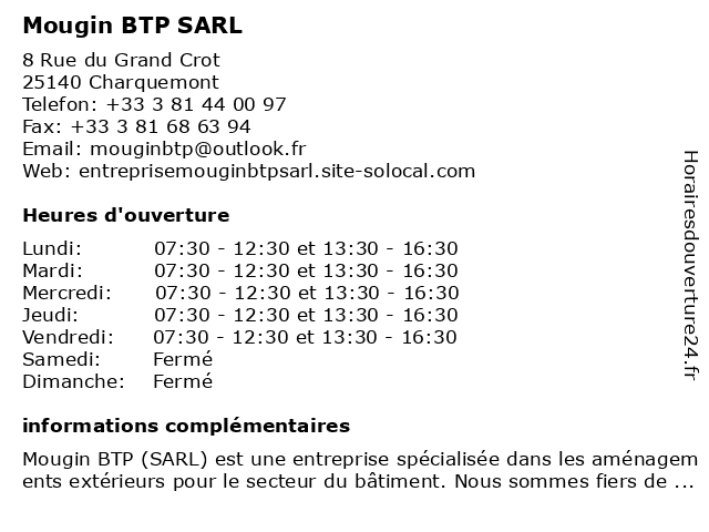 Mougin BTP SARL à Charquemont: adresse et heures d'ouverture