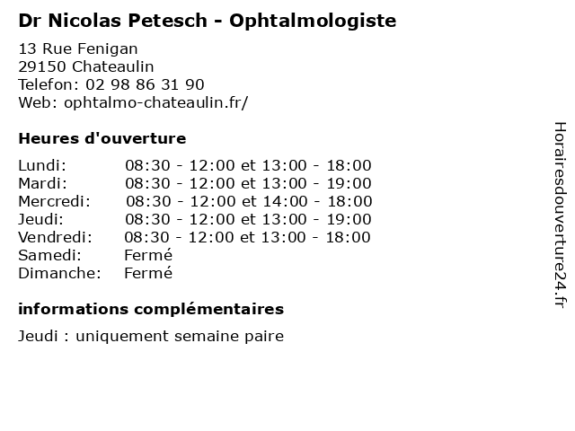 Dr Nicolas Petesch - Ophtalmologiste à Chateaulin: adresse et heures d'ouverture