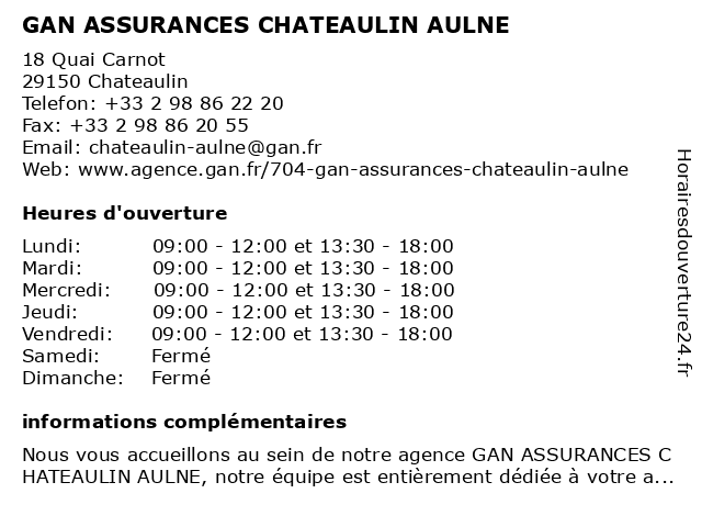 GAN ASSURANCES CHATEAULIN AULNE à Chateaulin: adresse et heures d'ouverture