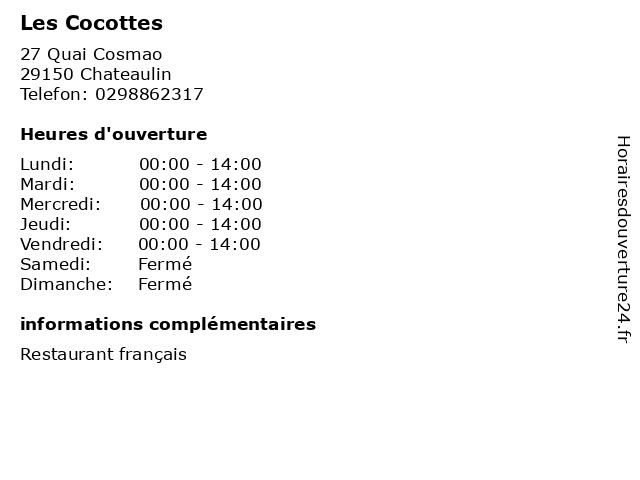 Les Cocottes à Chateaulin: adresse et heures d'ouverture