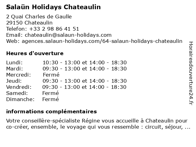 Salaün Holidays Chateaulin à Chateaulin: adresse et heures d'ouverture