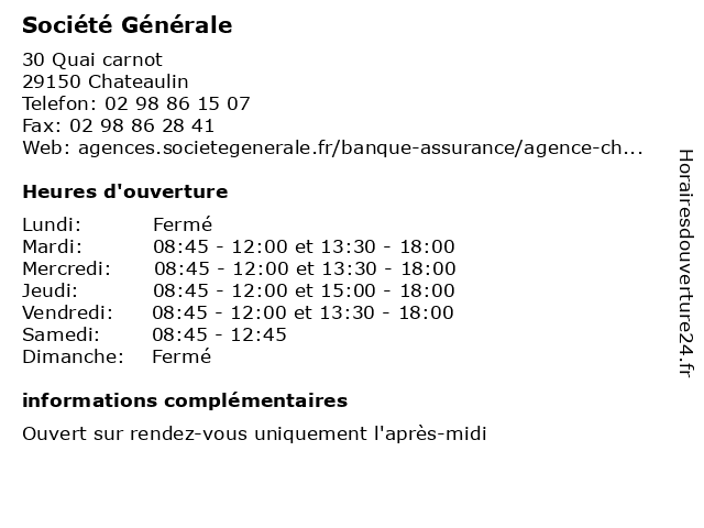Société Générale à Chateaulin: adresse et heures d'ouverture
