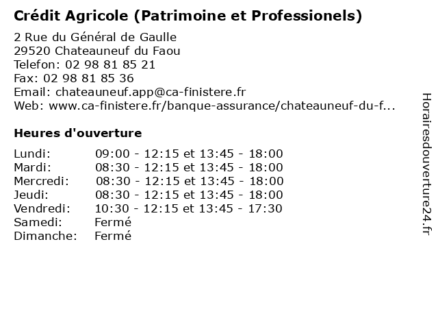 Crédit Agricole (Patrimoine et Professionels) à Chateauneuf du Faou: adresse et heures d'ouverture