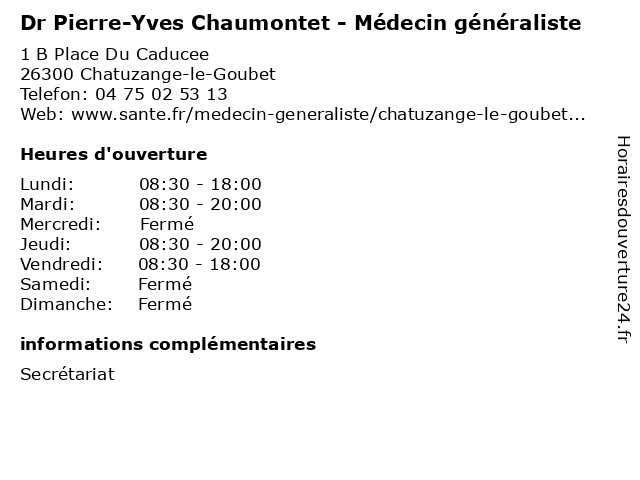 Dr Pierre-Yves Chaumontet - Médecin généraliste à Chatuzange-le-Goubet: adresse et heures d'ouverture