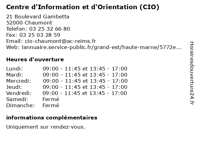 Centre d'Information et d'Orientation (CIO) à Chaumont: adresse et heures d'ouverture