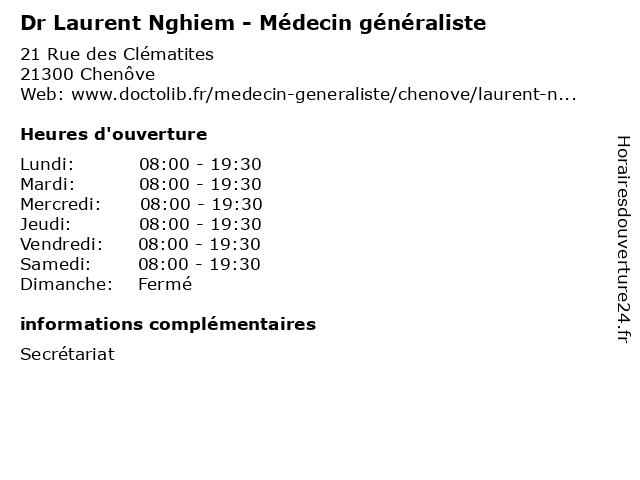 Dr Laurent Nghiem - Médecin généraliste à Chenôve: adresse et heures d'ouverture
