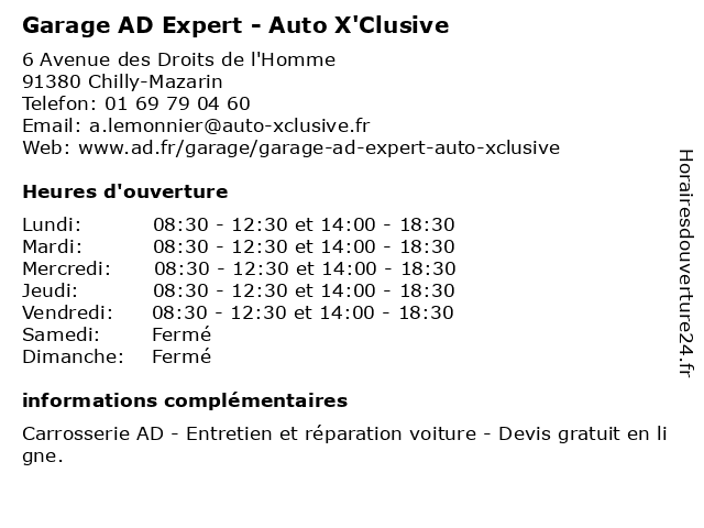 Garage AD Expert - Auto X'Clusive à Chilly-Mazarin: adresse et heures d'ouverture