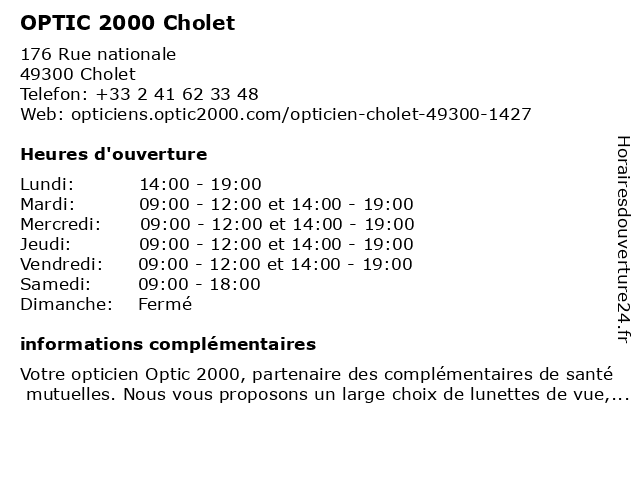 OPTIC 2000 Cholet à Cholet: adresse et heures d'ouverture