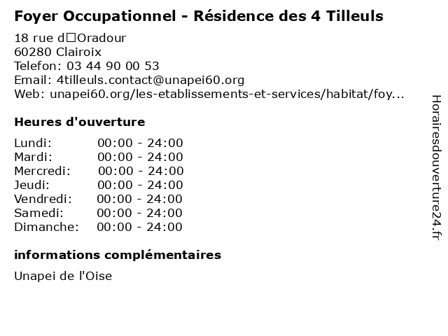 Foyer Occupationnel - Résidence des 4 Tilleuls à Clairoix: adresse et heures d'ouverture