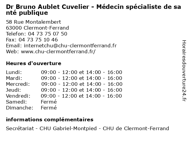 Dr Bruno Aublet Cuvelier - Médecin spécialiste de santé publique à Clermont-Ferrand: adresse et heures d'ouverture