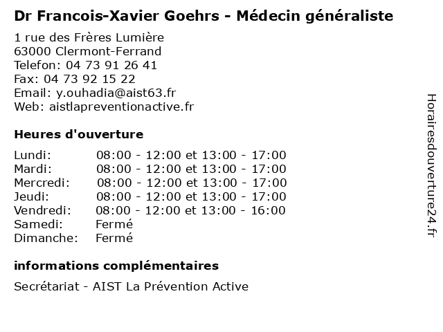 Dr Francois-Xavier Goehrs - Médecin généraliste à Clermont-Ferrand: adresse et heures d'ouverture