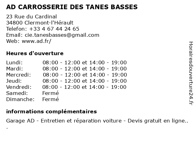 AD CARROSSERIE DES TANES BASSES à Clermont-l'Hérault: adresse et heures d'ouverture