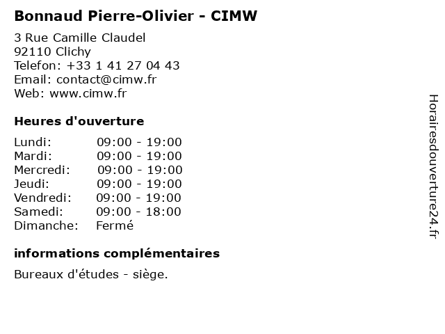 Bonnaud Pierre-Olivier - CIMW à Clichy: adresse et heures d'ouverture