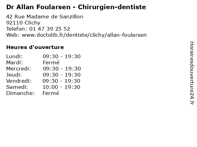 Dr Allan Foularsen - Chirurgien-dentiste à Clichy: adresse et heures d'ouverture