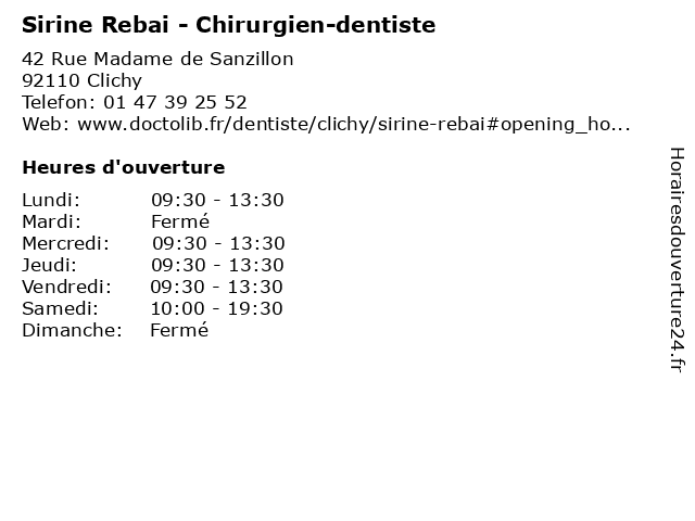 Sirine Rebai - Chirurgien-dentiste à Clichy: adresse et heures d'ouverture