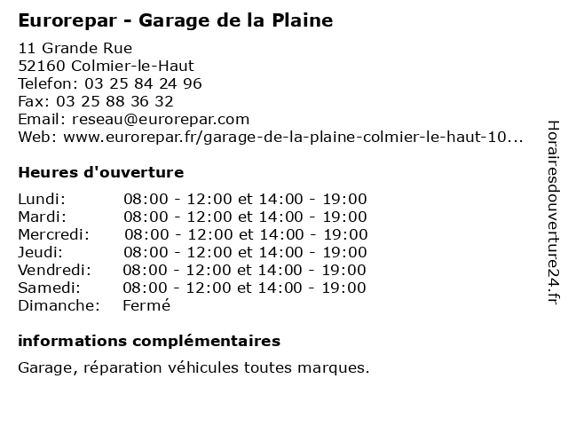 Eurorepar - Garage de la Plaine à Colmier-le-Haut: adresse et heures d'ouverture