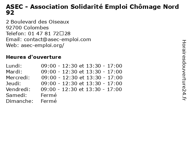 ASEC - Association Solidarité Emploi Chômage Nord 92 à Colombes: adresse et heures d'ouverture