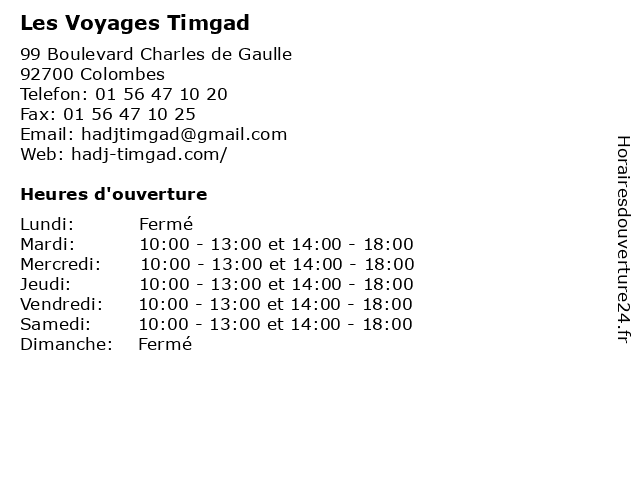 Les Voyages Timgad à Colombes: adresse et heures d'ouverture