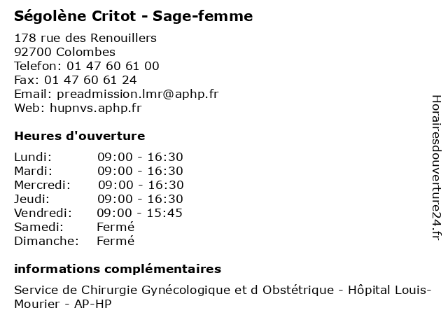 Ségolène Critot - Sage-femme à Colombes: adresse et heures d'ouverture