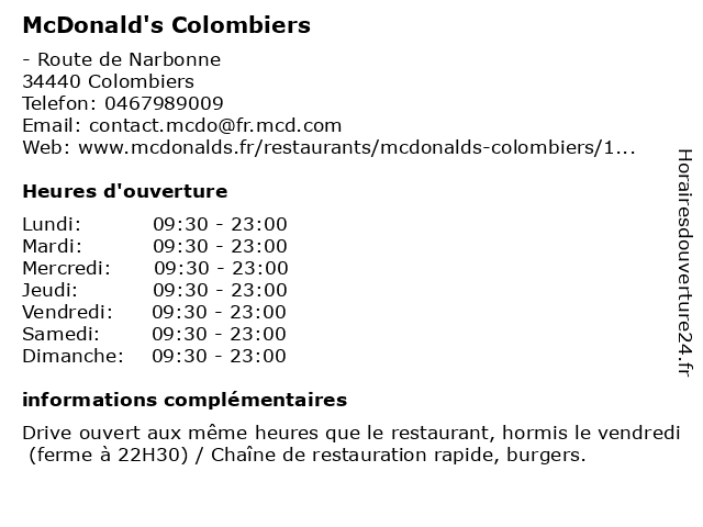 McDonald's Colombiers à Colombiers: adresse et heures d'ouverture