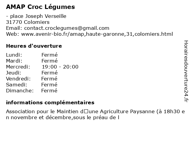 AMAP Croc Légumes à Colomiers: adresse et heures d'ouverture