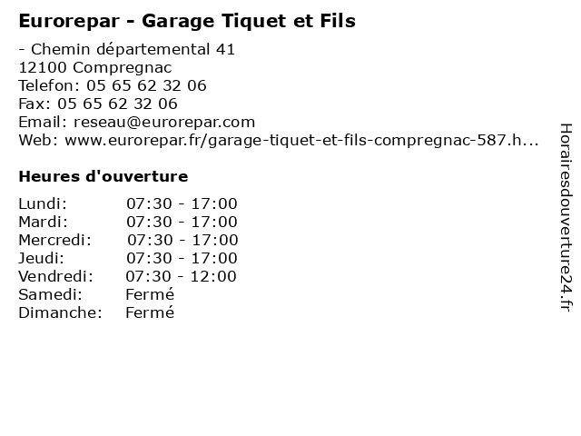Eurorepar - Garage Tiquet et Fils à Compregnac: adresse et heures d'ouverture