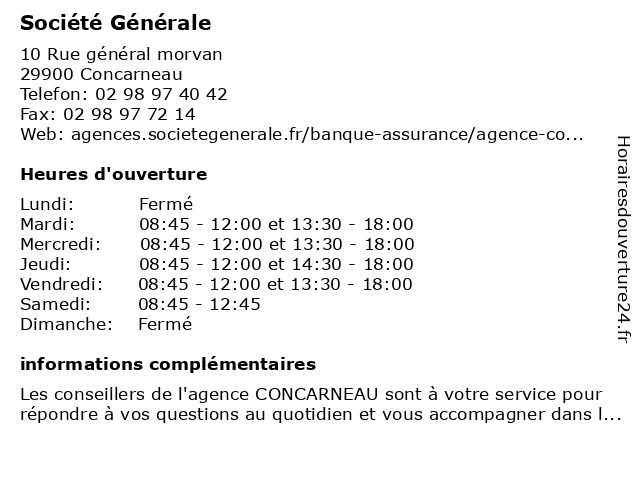 Société Générale à Concarneau: adresse et heures d'ouverture