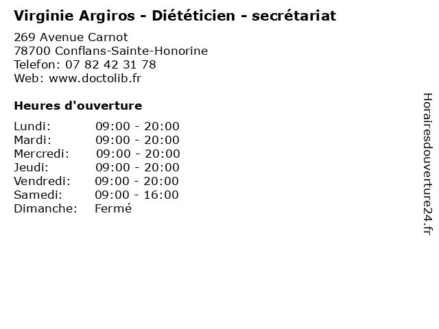 Virginie Argiros - Diététicien - secrétariat à Conflans-Sainte-Honorine: adresse et heures d'ouverture