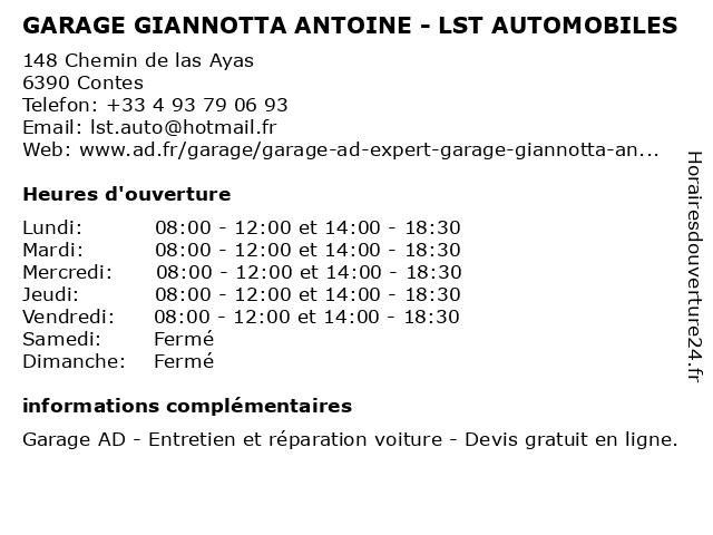 GARAGE GIANNOTTA ANTOINE - LST AUTOMOBILES à Contes: adresse et heures d'ouverture