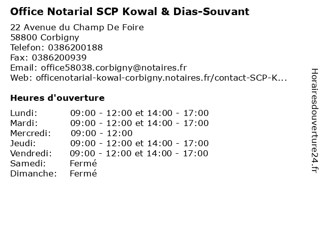 Office Notarial SCP Kowal & Dias-Souvant à Corbigny: adresse et heures d'ouverture