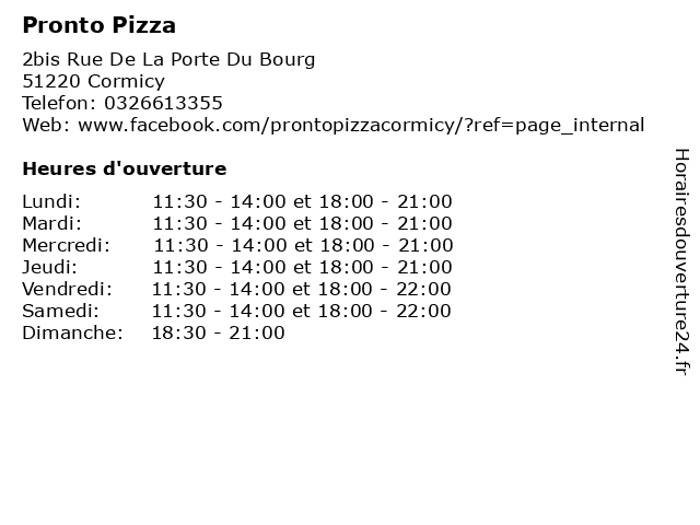 Pronto Pizza à Cormicy: adresse et heures d'ouverture
