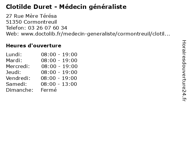 Clotilde Duret - Médecin généraliste à Cormontreuil: adresse et heures d'ouverture