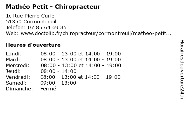 Mathéo Petit - Chiropracteur à Cormontreuil: adresse et heures d'ouverture